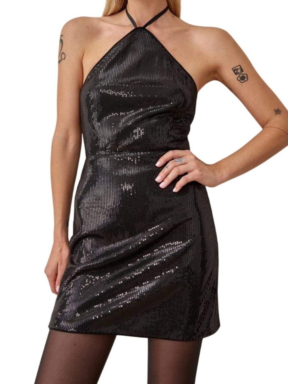 Reformation Sidney Black Sequin Halter Mini Dress LBD Disco Party S